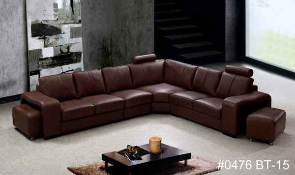 Modern Black Leather L Shape Sofa Set with Ottoman