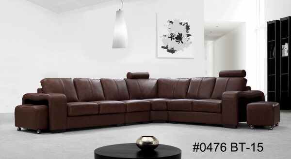 Modern Black Leather L Shape Sofa Set with Ottoman