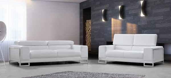 White Leather Modern 3 Seater Sofa with Stainless Steel Legs