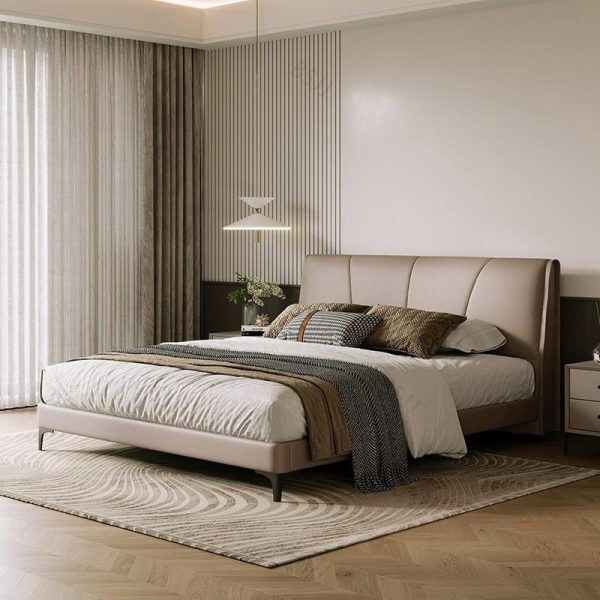 King Size Platform Bed with Upholstered Headboard and Wooden Frame
