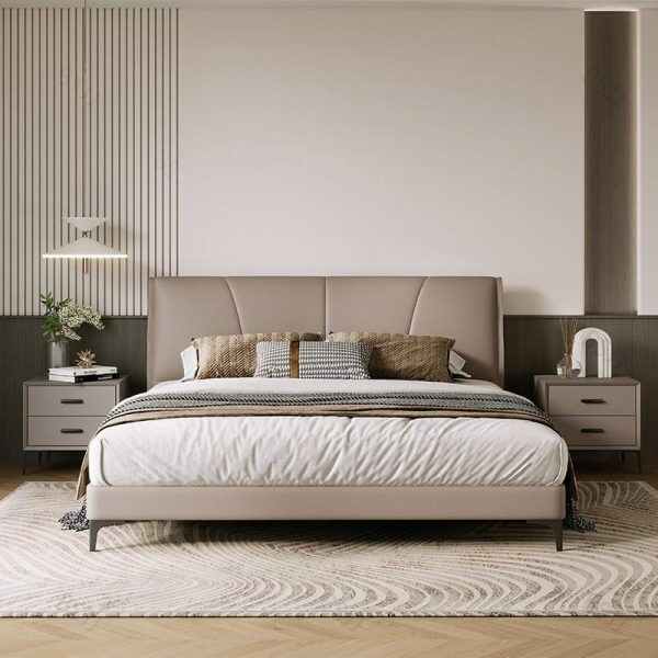 King Size Platform Bed with Upholstered Headboard and Wooden Frame