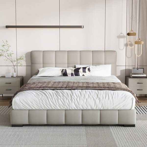 Bed Frame California King with Upholstered Headboard and Sturdy Wood Slats