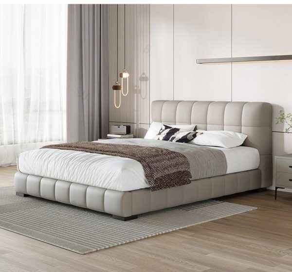 Bed Frame California King with Upholstered Headboard and Sturdy Wood Slats