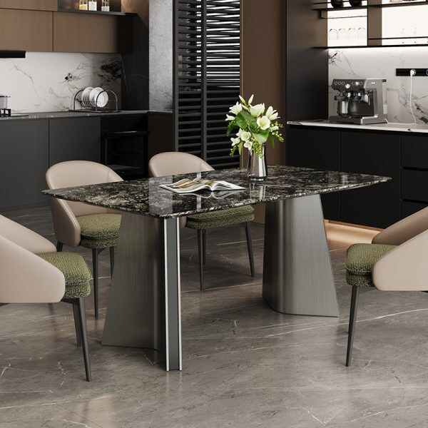 Marble Dinning Table with Polished Surface and Metal Legs