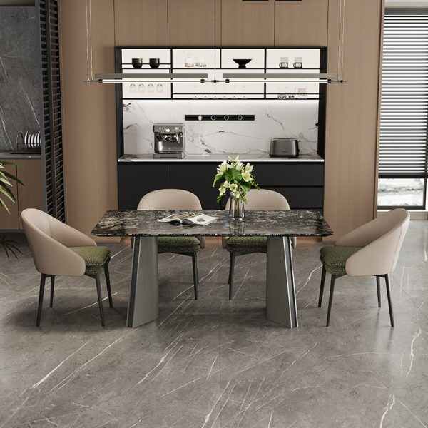 Marble Dinning Table with Polished Surface and Metal Legs