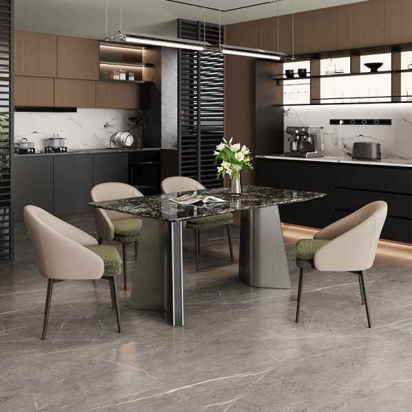 Marble Dinning Table with Polished Surface and Metal Legs