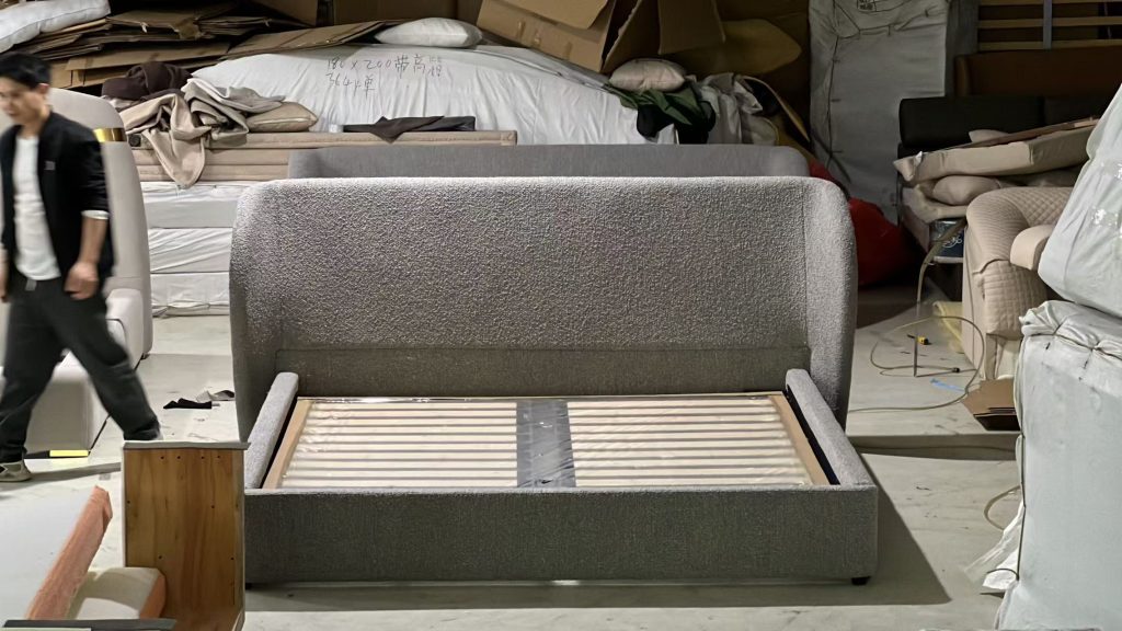 Custom guest-room bed frame prepared for the Hawaii hotel renovation project.
